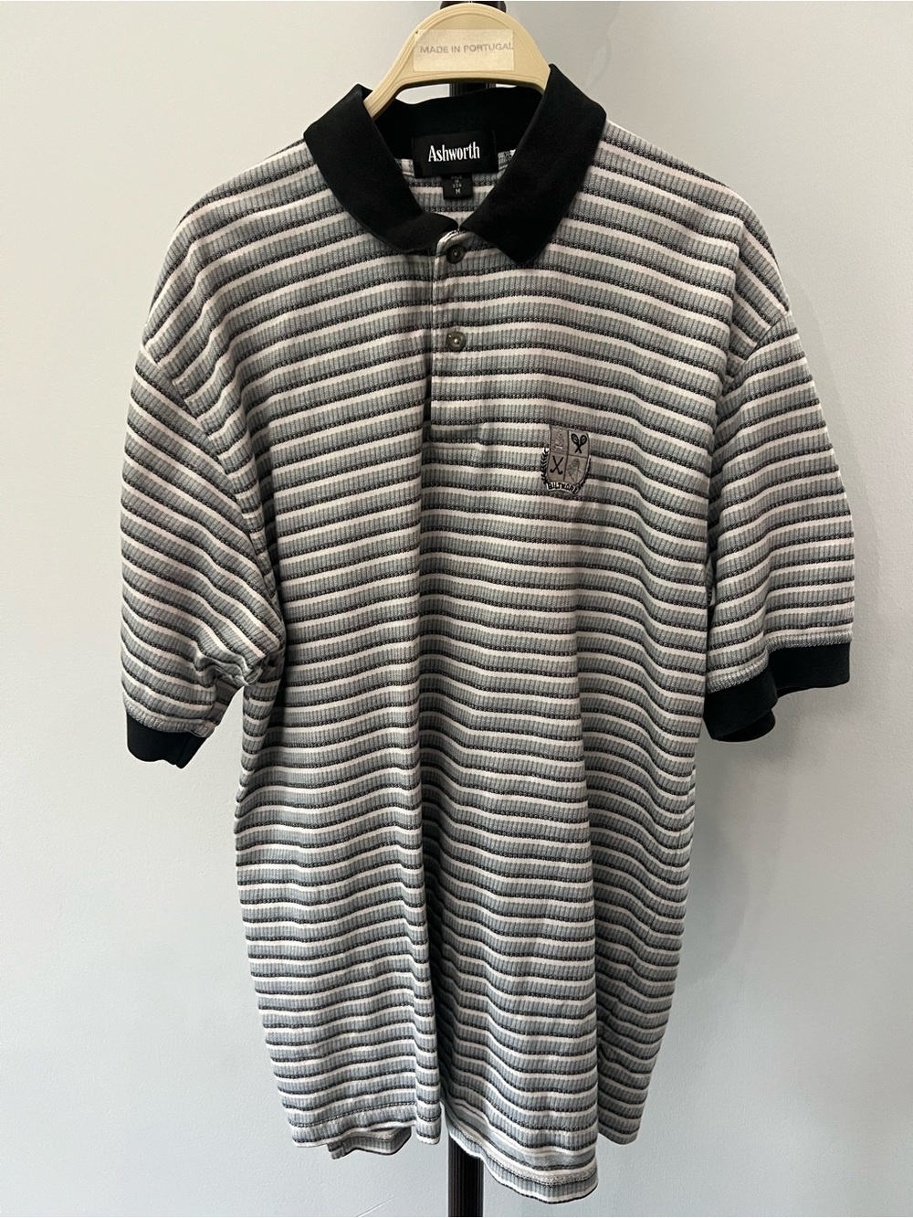 Ashworth Black & Gray Striped Polo with Chest Crest